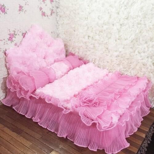 1/6 Furniture toy for dolls Dollhouse Miniature pink soft bed kawaii bjd doll simulation bed pretend play toys girls gifts new