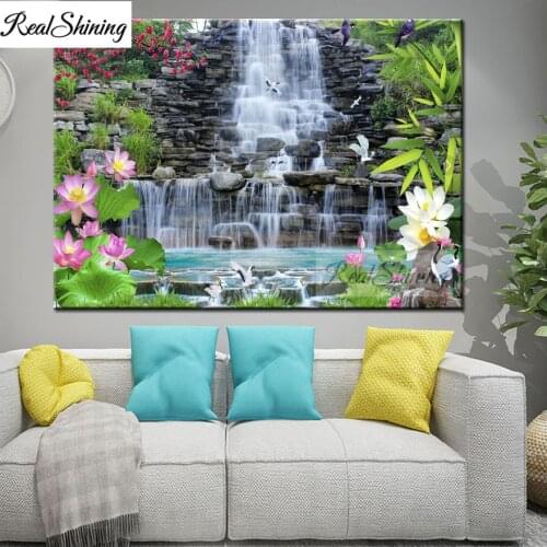 5d Diy diamond painting waterfall natural scenery full drill diamond embroidery rhinestone diamond mosaic large lotus crane F263