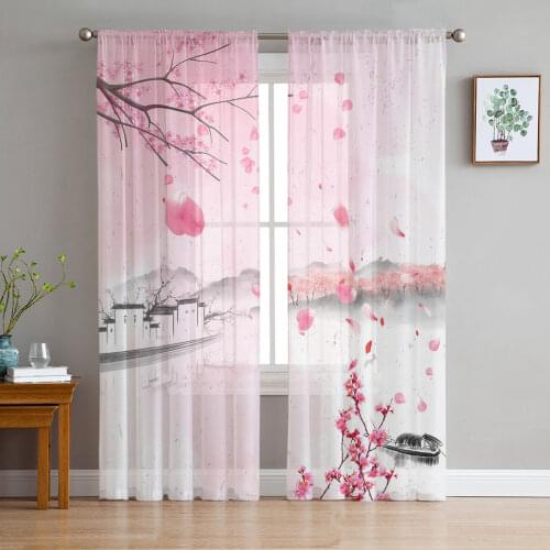 Watercolor Pink Cherry Blossom Ink Tulle Sheer Window Curtains for Living Room Kitchen Children Bedroom Voile Hanging Curtain