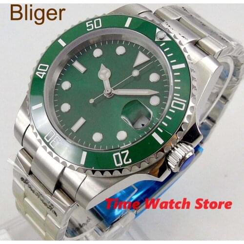Bliger 43mm Miyota 8215 Automatic Watch men sapphire glass waterproof green Sterile dial Luminous Ceramic Bezel SS bracelet b327