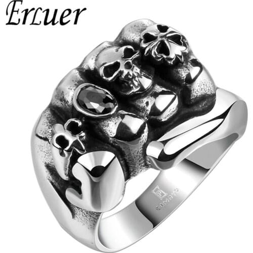 ERLUER New Stainless Steel Men Biker Rings US Size 8-11 Punk Rock Vintage Gothic Jewelry Silver Color Finger skull Ring Boys