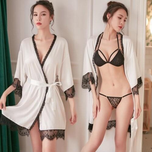 Women Robe & Gown Sets Sexy Lace Sleep Lounge Pijama Long Sleeve Ladies Nightwear Bathrobe Night silk Dress with Dress Bra Set