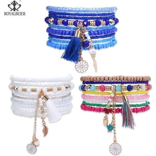 RoyalBeier Multilayer Bead Bracelets Acrylic Winding Handmade Tassels Bracelet Bohemia Charm feminino Wrap Womens Trendy Pulsera