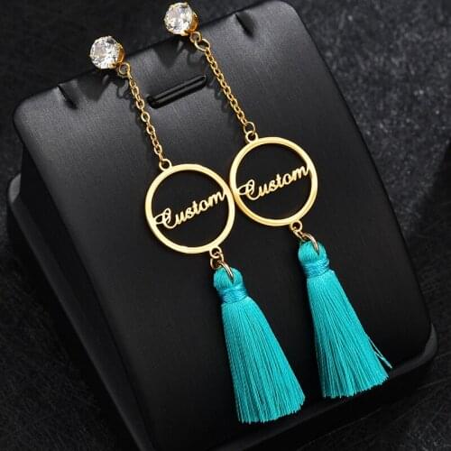 Fashion Stainless Steel Personalized Earring Customized Name Bohemian Tassel Crystal Long Drop Earrings For Women Bithday Gift