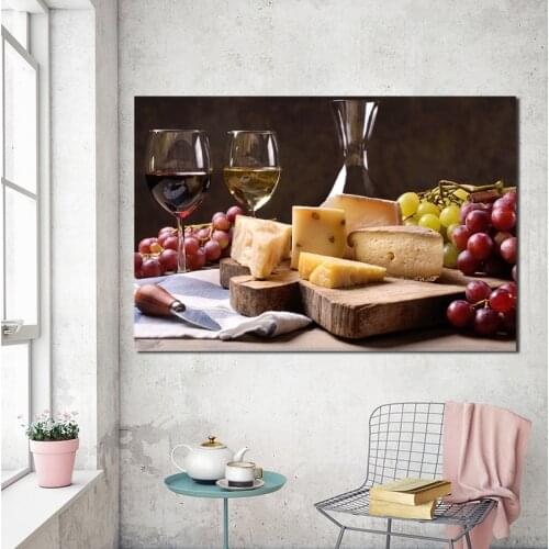 Cheese Wine Grapes Wallpaper Art Canvas Poster Painting Wall Pictures Print Modern Kitchen Dining Room Home Bedroom Decoration