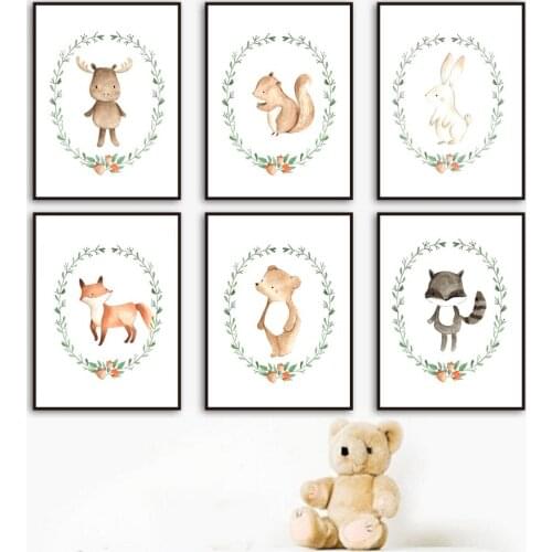 Deer Rabbit Fox Bear Raccoon Wreath Nursery Wall Art Canvas Painting Nordic Posters And Prints Decoration Picture Baby Kids Room