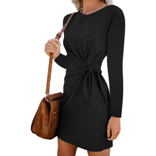 Autumn Casual Solid Color Women Front Tie Knot Round Neck Long Sleeve Midi Dress