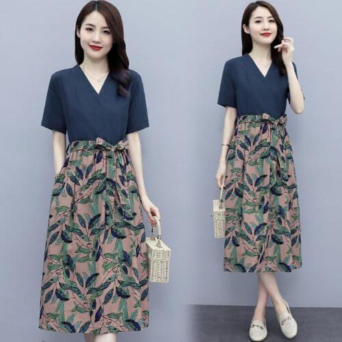 V-Neck Cotton And Linen Blends Dress 2021 Summer Womens NewTemperament Mother Fashion Hot Sale Patchwork Floral Dress zh1288