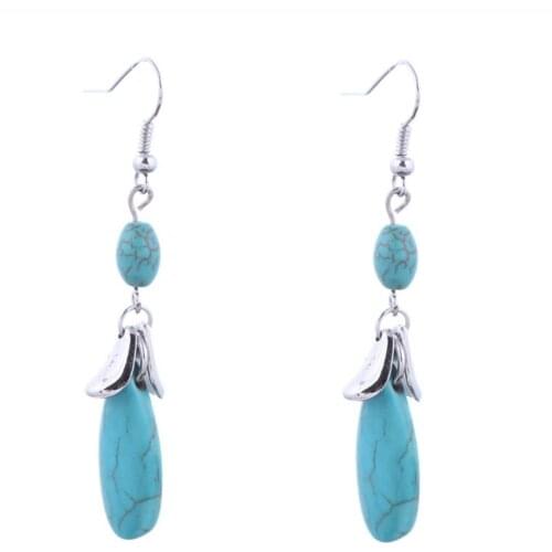Silver Plated Tear Drop Green Turquoises Stone Dangle Earrings for Women with Small Beads Jewelry