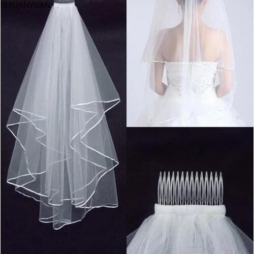 Simple and Elegent Wedding Veil Bridal Tulle Veils with Comb and Lace Ribbon Edge White