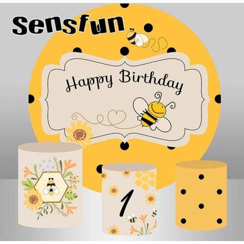 Round Circle Backdrop Yellow Sweet Bee Day Baby Shower Girl 1st Birthday Party Photography Background Table Banner Plinth Covers