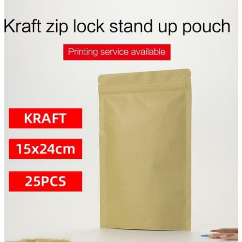 15x24cm 25pcs stand up pouch brown kraft paper with zipper aluminum foil zip lock bag resealable coffee snack food packaging