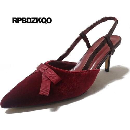 Pumps women fashion 2019 summer shoes bow medium heels pointed toe black high slingback thin wine red ladies velvet size 4 34