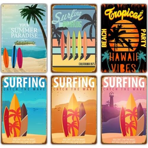 Vintage Hawaii Surf Time Metal Tin Signs Wall Art Painting Plate Seaside Beach Poster Plaque for Bar Pub Club Surf Shop Decor