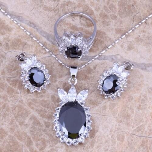 Magic Black Cubic Zirconia White CZ Silver Plated Jewelry Sets Earrings Pendant Ring Size 5.5 / 6 / 6.5 / 7 / 8 / 9 / 10 S0410