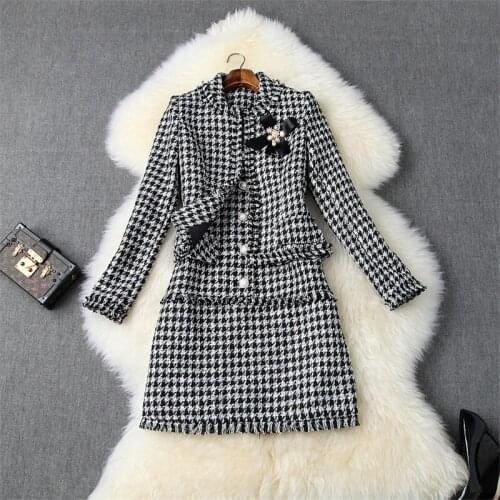 High Quality Runway Fashion Autumn Winter Dress Women 2019 New Full Sleeve Houndstooth Short Jacket+Tank Dress 2piece Sets