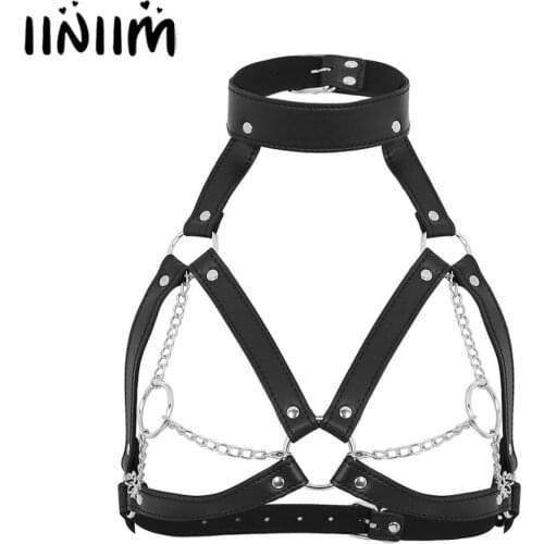 Womens PU Leather BDSM Sex Body Bras Harness Open Nipples Cage Bralette Strap Buckles O-Rings Chain Tassel Chest Belt Steampunk