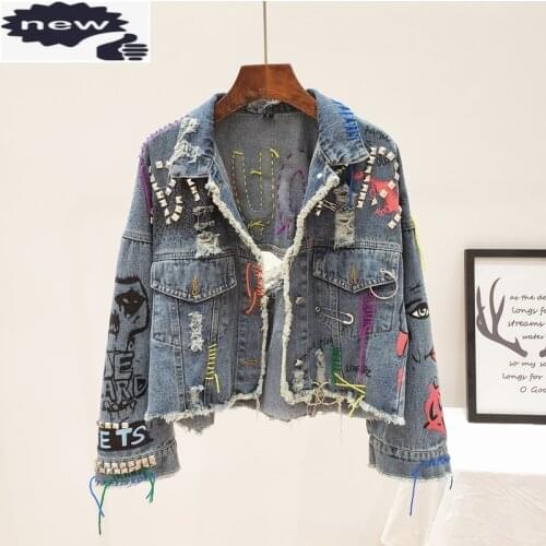Harajuku Graffiti Printed Women Hole Ripped Denim Jacket Loose Fit Rivet Hip Hop Jean Coat High Street Tassels Boyfriend Jackets