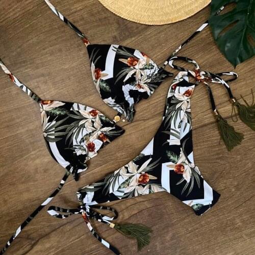 #S4 Summer Printing Women Bandeau Bikini Set Push-up Brazilian Swimwear Beachwear Swimsuit Hanging Neck Womens Swimsuit