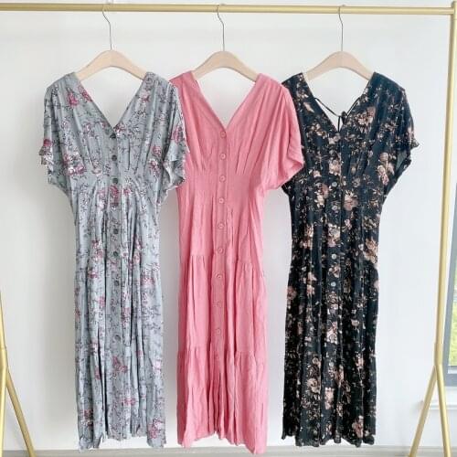 Sweet drawstring Slim Waist Print design Dresses Elegant V Neck Short Sleeve Woman Dress 2021 Summer Japan Style Vestidos