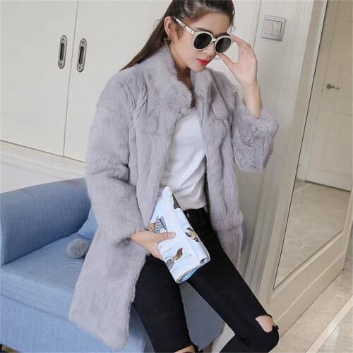 Ethel Anderson Real Rabbit Fur Long Coat Womens Vintage Fur Jacket Overcoat Stand-up Collar Design