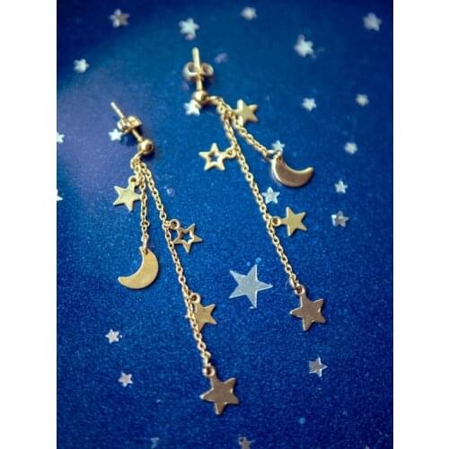 Gold Star earrings,moon dangle earrings,long earrings,moon earrings,celestial earrings, constellation earrings,celestial jewelry