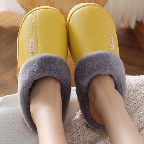 2021 Women Waterproof Leather Faux Fur Splicing Home Slippers Unisex Outdoor Shoes Winter Indoor Warm Plush Couples Slides