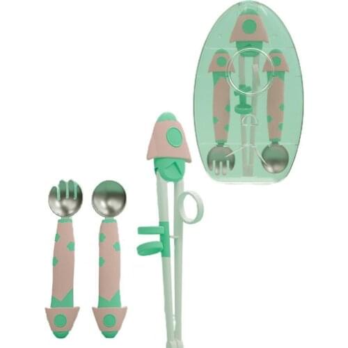 3Pcs/Set Baby Tableware Kit Cartoon Rocket Shape Heat Resistant Long-lasting Baby Training Spoon Fork Chopsticks Kit for Infant