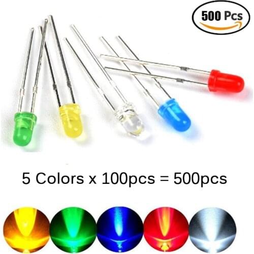 500Pcs/lot 3MM LED Diode Assorted Kit Mixed Color Red Green Yellow Blue White 5color each 100pcs diy led diode kit leds set