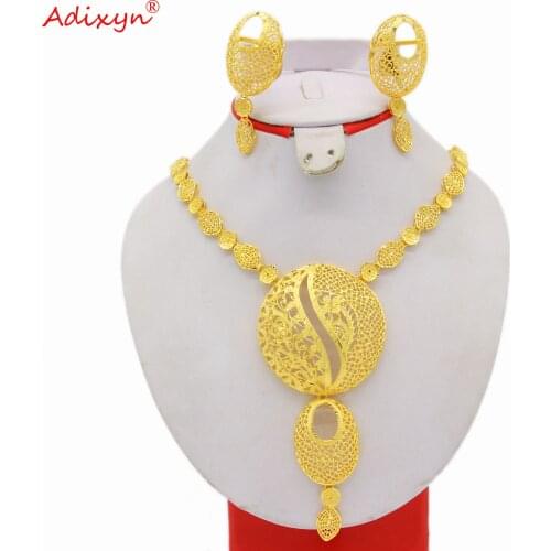 Adixyn Ethnic Dubai Gold Earrings/Necklace Set For Women African Jewelry Arab Bridal Wedding Jewlelry Gifts N03101
