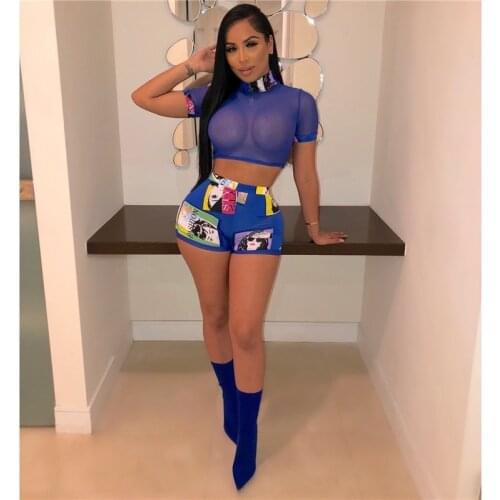 Adogirl Plus Size S-3XL Sexy Women Two Piece Set Sheer Mesh Short Sleeve Crop Top Fashion Print Shorts Tracksuit Night Club Suit