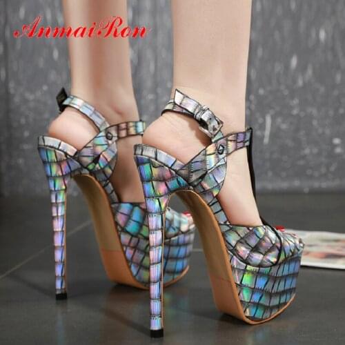 ANMAIRON 2020 Party PU Geometric High Heels Sandals Women T-Strap Buckle Strap Sexy Back Strap Open Thin Heels Open Toe Heels