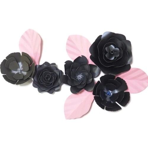 DIY Giant Paper Flowers Fleurs Artificielles Backdrop Artificial Rose 5pcs+4 Leaves Wedding Party Decor Nursery Mix Black Gray