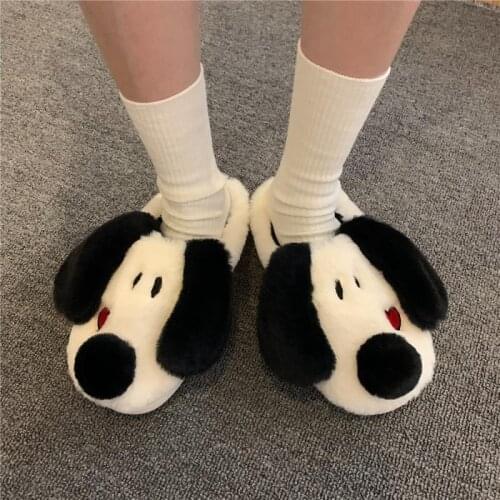 Cartoon Dog Indoor Slippers Women Men Warm Plush Home Floor Shoes Soft Faux Fur Anti-slip Black White Lovers House Shoes