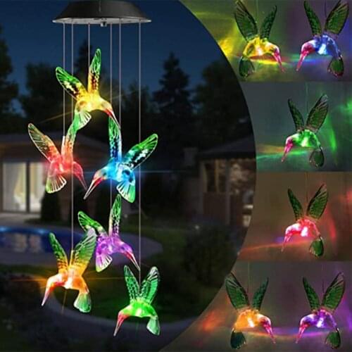 Home LED Solar Wind Chime Crystal Ball Hummingbird Wind Chime Light Color Changing Waterproof Hanging Solar Light For Hallowen