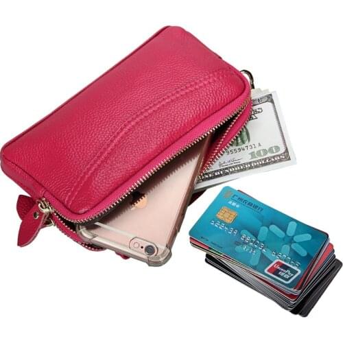 M-Yancy Double Zipper Women Wallet Purse Genuine Cow Leather Clutch Ladies Handbag Mobile Phone Money Wristlet Bag Card Holder