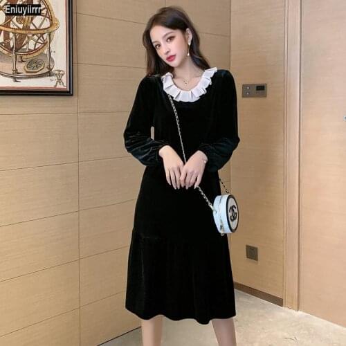 Elegant Velvet Dress Autumn Winter Women Casual Loose Long Sleeve Ladies Party Black Dresses