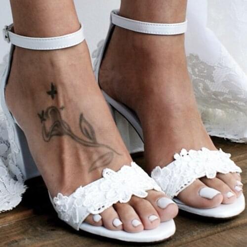 MarHermoso Womens Sandals Ankle Strap White Bridal Wedding Pumps Hight Heel Sandals Lace Flower Evening Reception Shoes