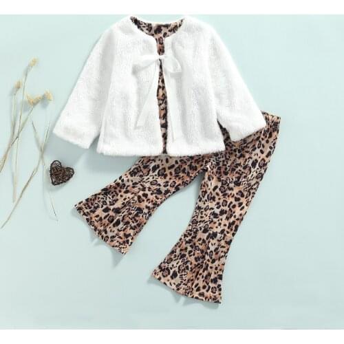 2-7y Fashion Autumn Winter Toddler Baby Girls Clothes Sets Plush Warm Long Sleeve Coats Jacket Leopard Flare Pants 2pcs