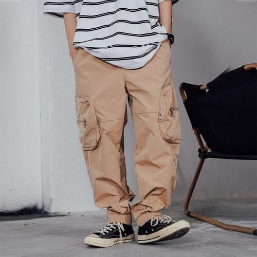 Solid color zipper pocket overalls for men high Street fashion slacks casual wide leg pants