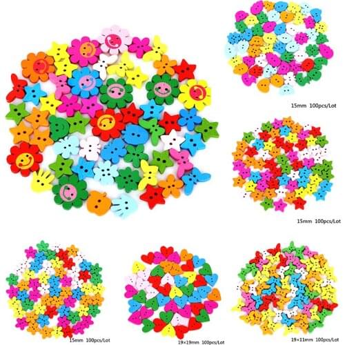 Wholesale 100pcs Multicolor Wood Sewing Buttons Scrapbooking Craft Garment Clothes DIY Supply Flower 2 Holes Color At Random