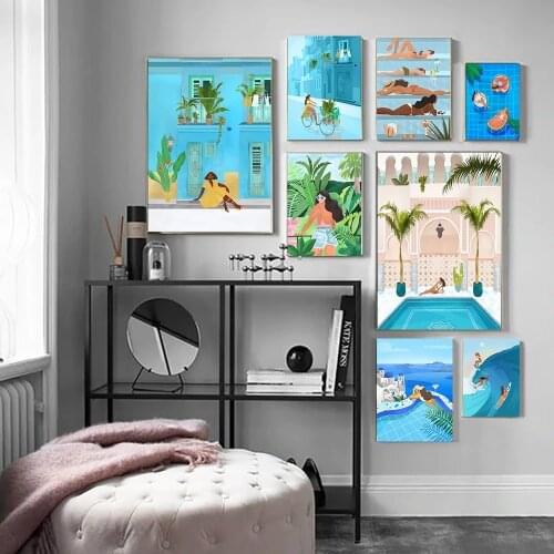 Prints Picture Morocco Travel Poolside Ladies Wall Artwork Modular Painting Poster Canvas Living Room Home Decoration No Framed