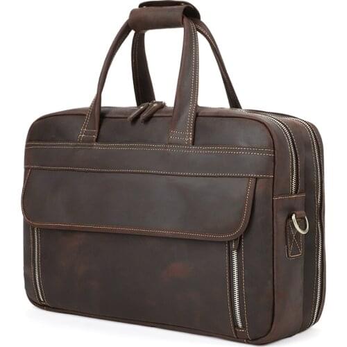 Crazy Horse Leather Retro Briefcase Mens Business Handbag Large Capacity 15 inch Computer Bag Leather Mens Bag