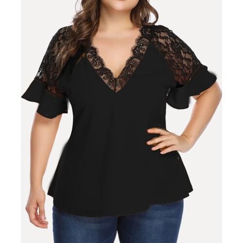 Plus Size Summer Fashion Women Lady Chiffon Lace V-Neck Ladies Loose Shirt Tops Casual Short Sleeve Blouse Female Blusa A20
