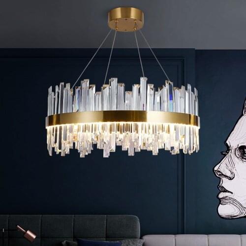 Luxury Modern Living Room Led Dimmable Pendant Light Round Shiny Gold Steel Led Pendant Lamp Lustre Foyer Crystal Lamp Fixtures