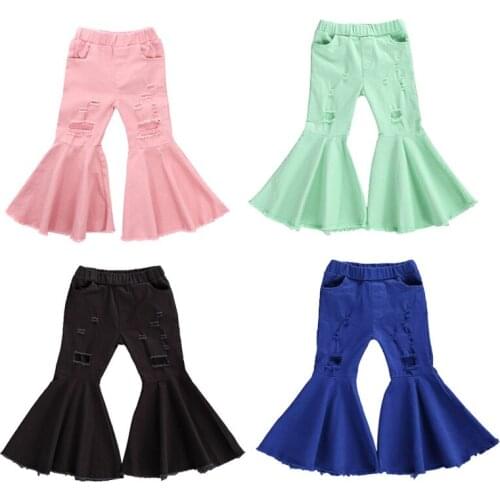 2-6Years Girls Pink Denim Pants Toddler Kids Baby Solid Holes Ripped Boot Cute Flare Long Pants