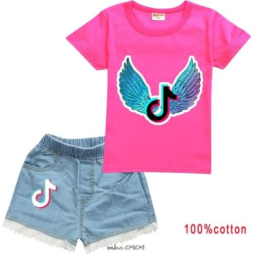 Tik Tok Childrens Clothing Cotton Boys and Girls T Shirt Denim Shorts Suit Summer Short Sleeve T-shirt Set Baby Sportswear