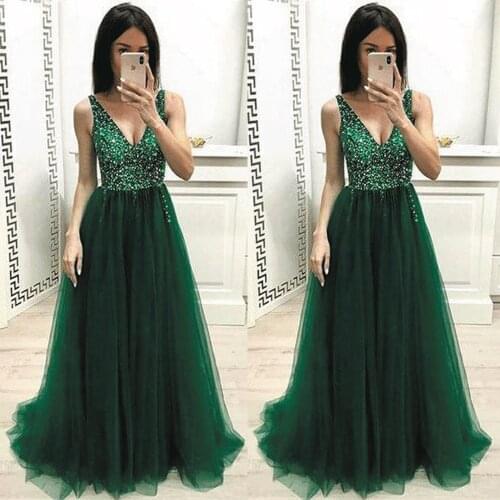 SuperKimJo Green Prom Dresses Long Tulle V Neck Beaded Elegant Sleeveless Cheap Prom Gown Vestido De Festa De Longo