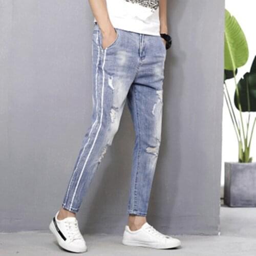High quality men hole jeans Spring autumn Side stripe casual Denim pants mens cowboy trousers New Male slim jeans Brand clothing