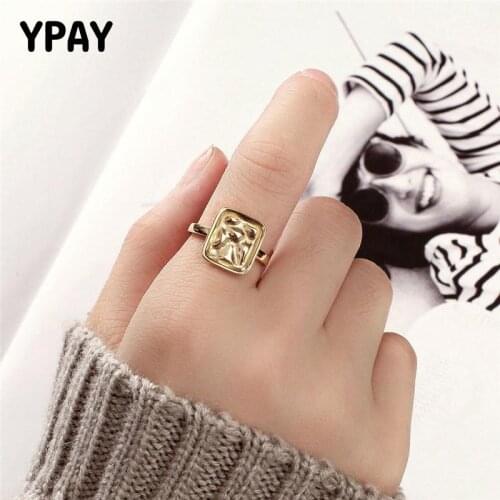 YPAY 100% Genuine 925 Sterling Silver Open Rings for Women Gold Plated Geometric Adjustable Finger Bague Fine Jewelry YMR958